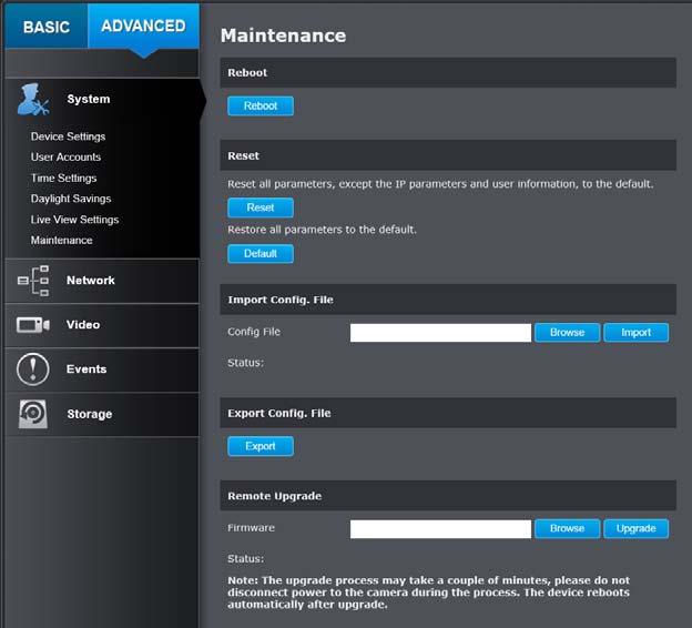 Maintenance You can restart, load camera settings and upgrade the camera firmware on this page. Import Config.