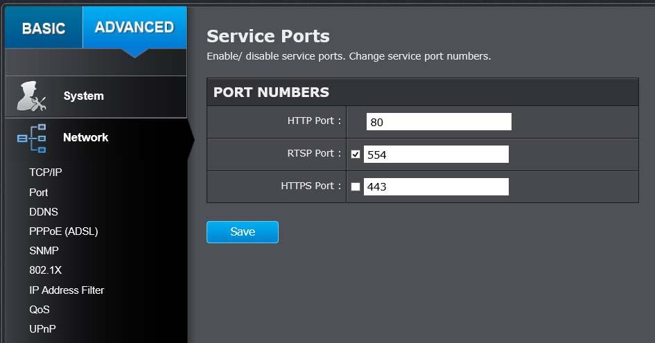 Port You can change the service port numbers of TV IP310PI and enable/disable RTSP or HTTPS services.