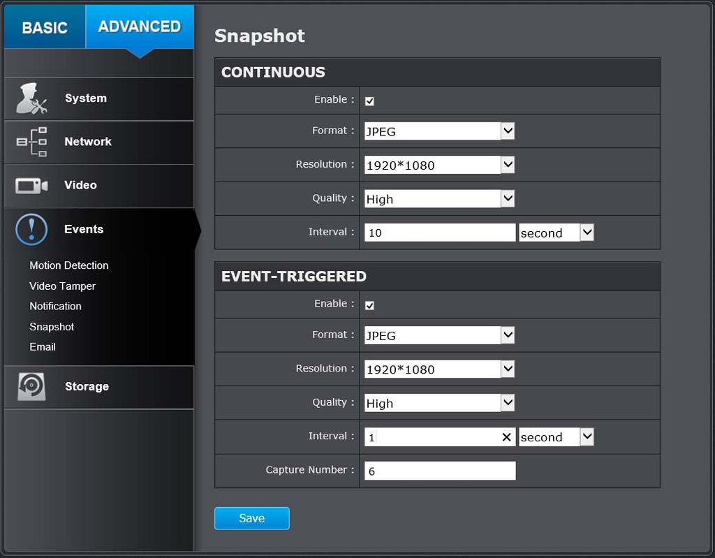 Snapshot You can set up your camera to continuously taking snapshots or taking snapshots only when events happening.
