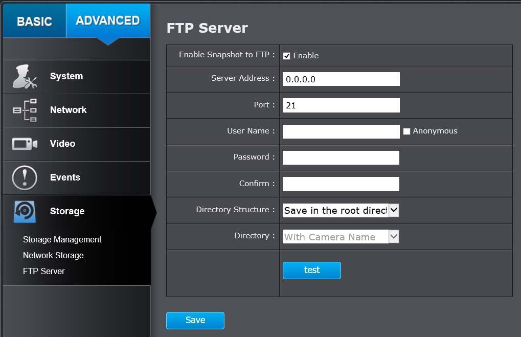 FTP Server Save in directory: Structure your folders with camera name or IP address. Directory: Use Camera Name: Use the camera name to organize the saved files.