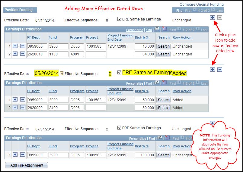 Updating an Existing Effective Dated Row If you are making a funding change to correct an already existing current or future effective dated row, a new row does not need to be added.
