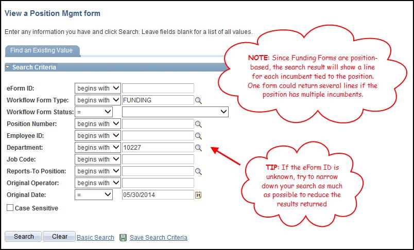 Enter the eform ID or any of the information available to narrow the search.