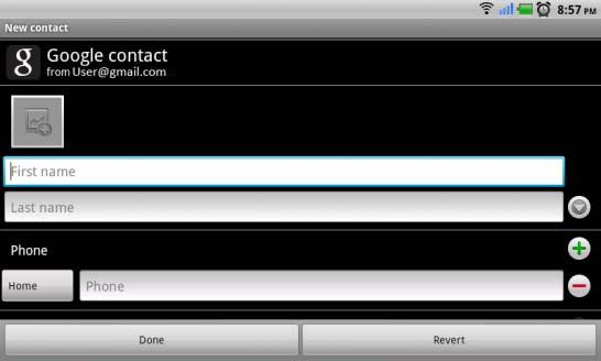 Using Your Dell Streak 7 Tablet Managing Contacts To view and manage your contacts, touch Contacts. To add a new contact 1 Touch the Menu button New contact.