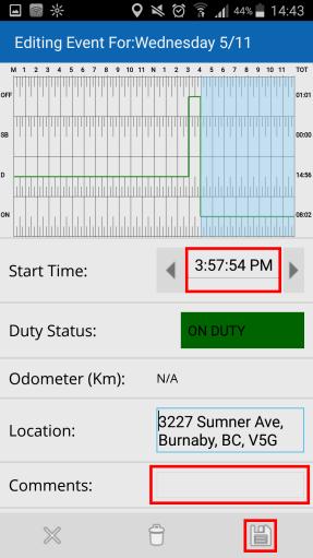 the log: a. On the main HOS Screen, tap Log Sheet at the bottom left. Tip: You can also tap anywhere on the HOS graph itself. b. On the screen that appears, navigate to the On Duty event in the list of events.