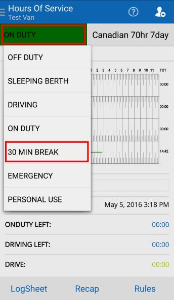 Taking a break Most US Interstate rules mandate 30 minute breaks after every 8 hours of On Duty driving. Always check with your supervisor about applicable laws and exemptions.