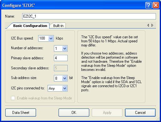 PSoC Creator Component Data Sheet EZ I2C Slave Parameters and Setup Drag an EZ I 2 C component onto your design and double-click it to open the Configure dialog.