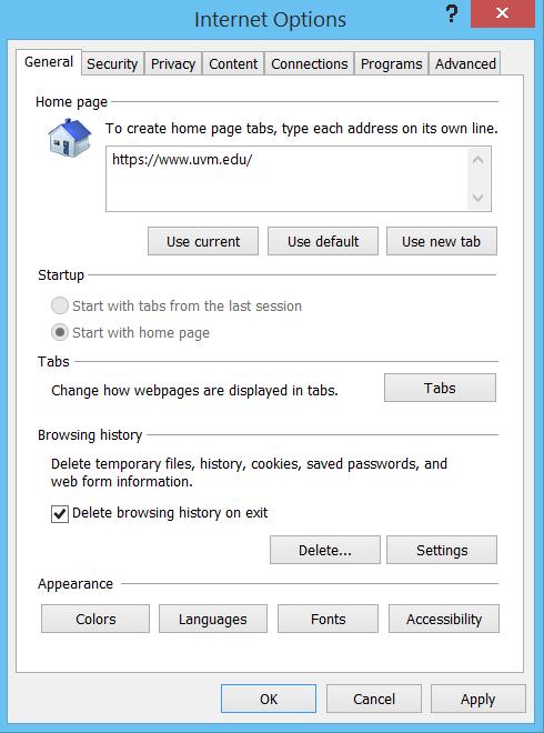 3. On the General tab, make sure that the Delete browsing history on exit