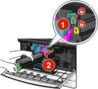 3 Push the imaging unit lock lever up and pull out the imaging unit with the toner cartridge