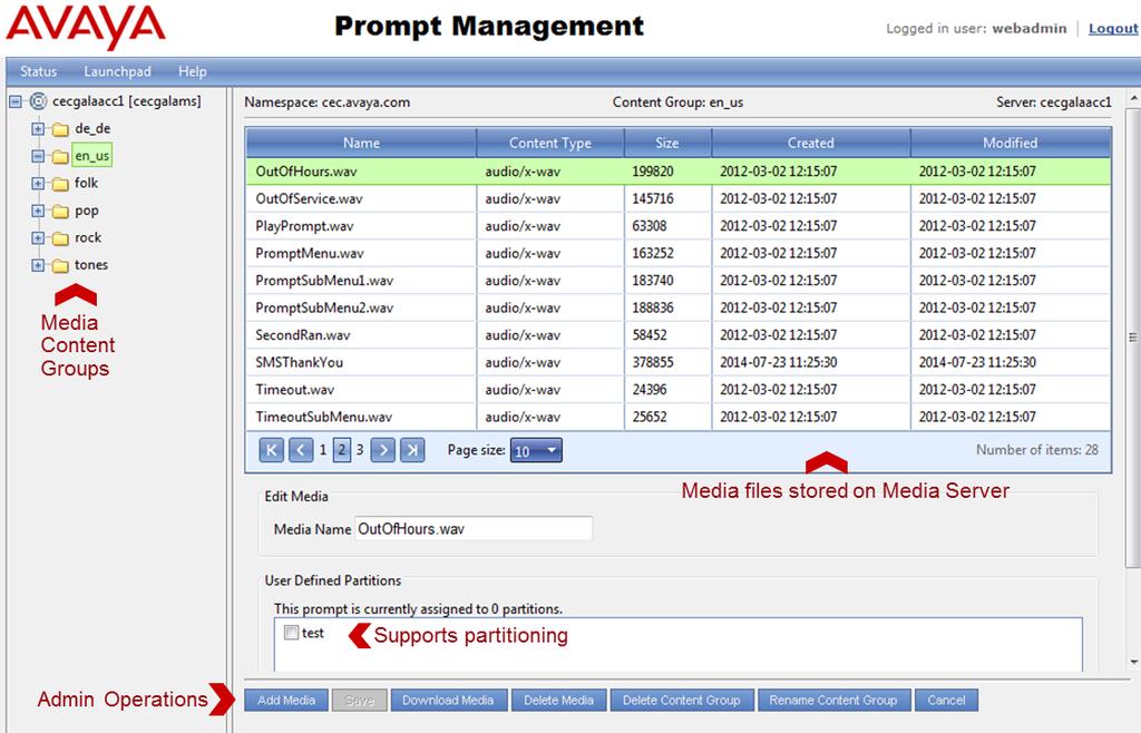 Integrated Prompt Management Allows AACC administrators and supervisors to: - View and download announcements (WAV files) - Add new media and announcements and delete existing files - Manage Content