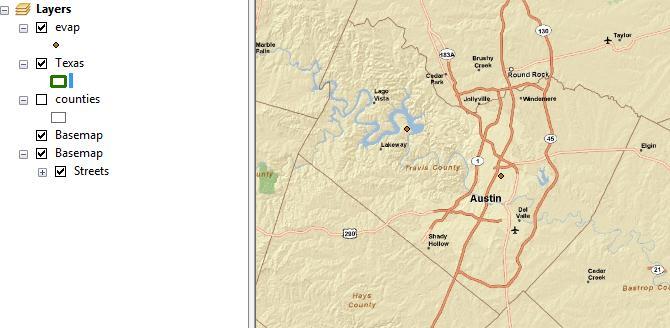 Use the Zoom in button to select a box around Travis County Click the counties layer to turn off the county boundaries since the background map already shows the county boundaries Zoom in to Travis