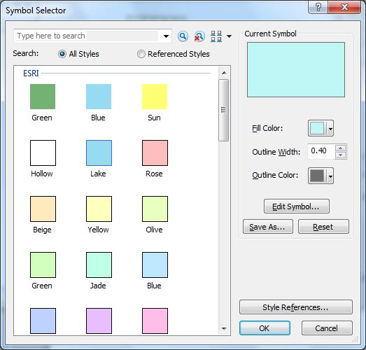 Click on the symbol color box, make your selections for the Fill Color and the Outline Color, and click OK, twice.