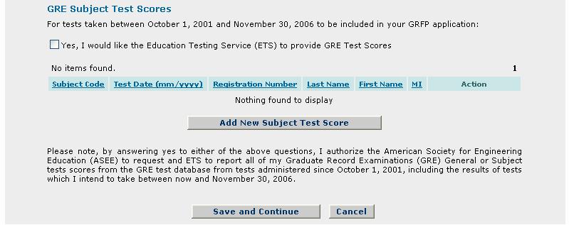 The GRE Test Scores screen is displayed and the GRE General Test information entered is displayed is on the list. 3.2.