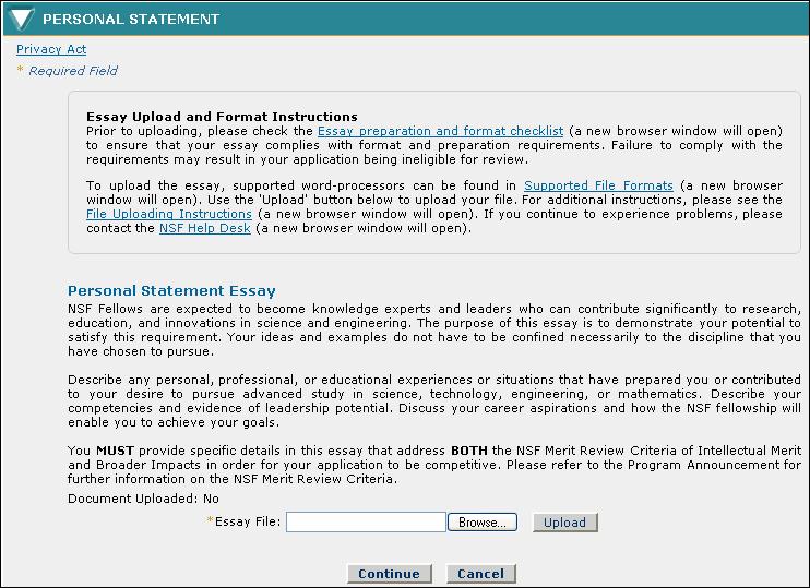 Figure 24: Personal Statement Section Before attempting to submit an essay for the Graduate Research Fellowship Application, it is important to make sure that java script is allowed within your