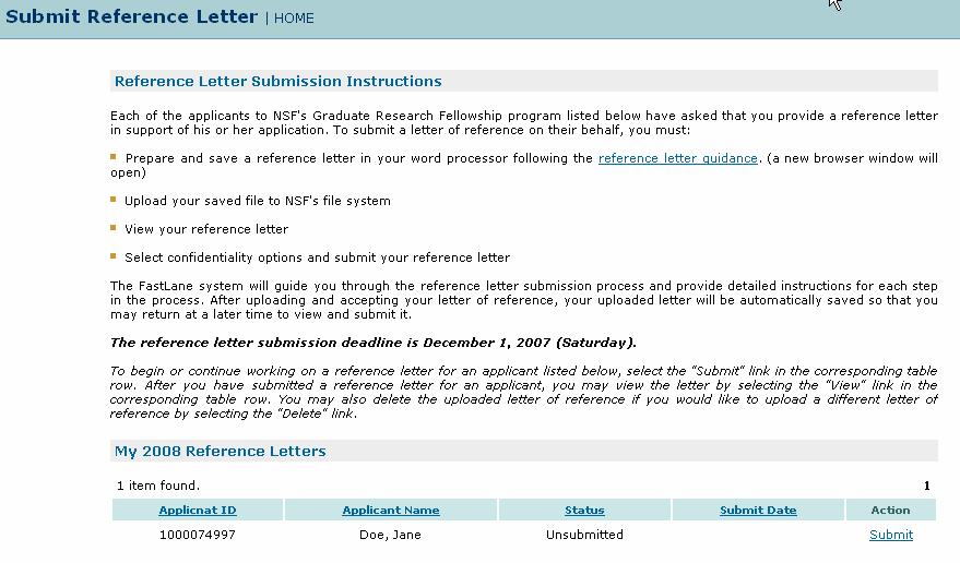 The Reference Writer Homepage appears with Reference Letter Submission Instructions and your Reference Letter List. Figure 50: Reference Writer Homepage 12.1.3 Resetting a Password 1.