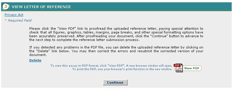 12.2.3 View Letter of Reference Once you have uploaded and accepted your letter of reference, the View Letter of Reference step allows you to view the PDF version of the uploaded letter of reference.