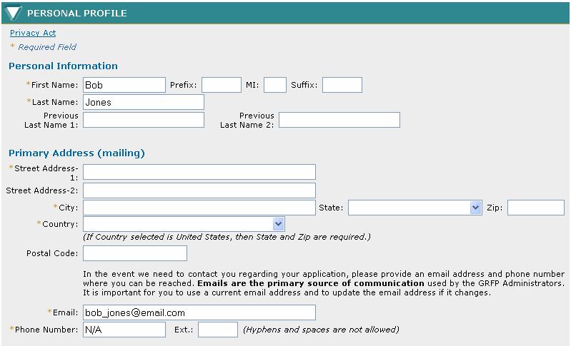 3.1 Personal Profile The Personal Profile section of the application package contains fields for applicants to enter general profile information such as name, contact information, and demographic