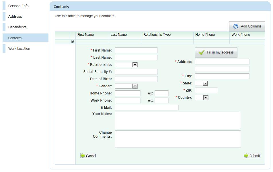 Contacts You may also manage important contacts through the employee portal Profile module under the Contacts tab. Use the Add Contact button to add a contact.