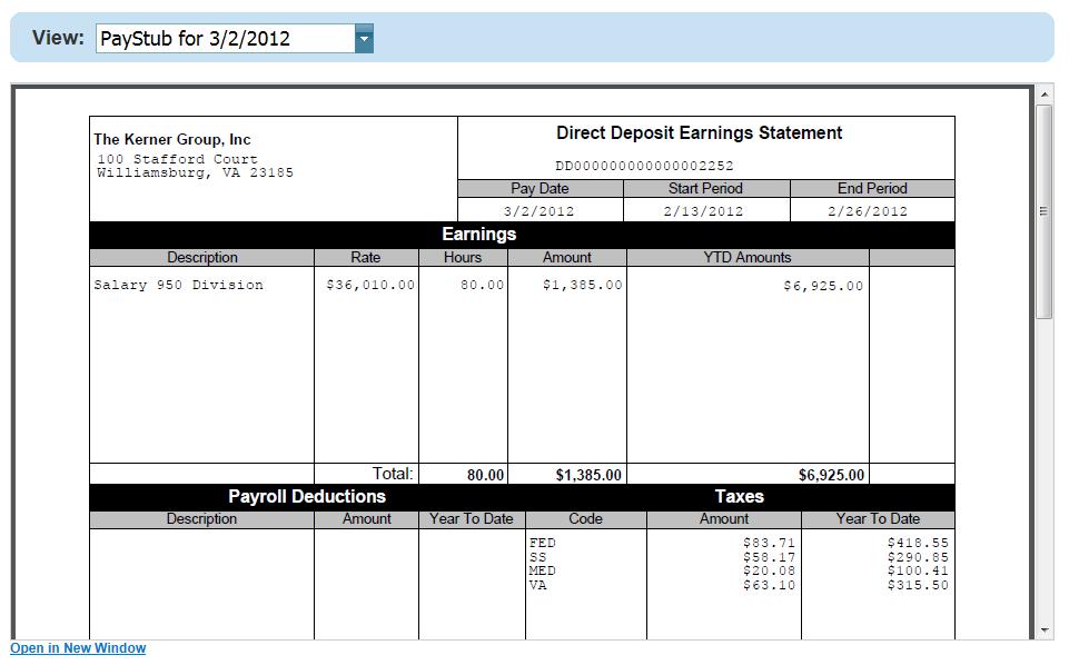 Figure 9 - Example Electronic Direct Deposit Slip To view historical check stubs or direct deposit slips, use the drop down above the document.