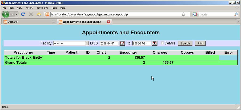 The Appointments and Encounters Report gives you a useful cross-reference of appointments with their corresponding encounters.