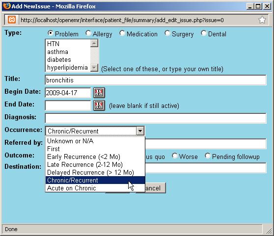 Clicking in the 'Diagnosis' field will present a search dialog for locating the correct ICD9 code for this issue.