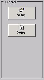 General - There are two buttons in the General section. They are Setup and Notes. Setup is used for a one-time setup of the general default options for your Excel Journal Entry worksheets.