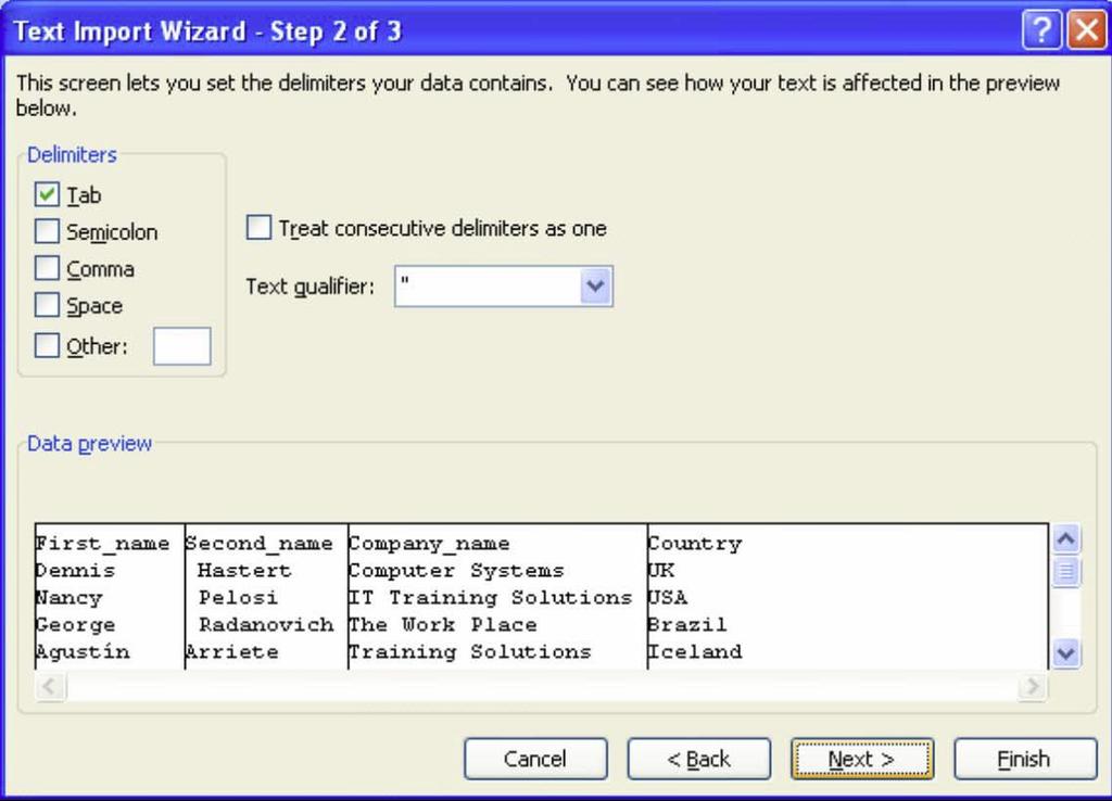 Clicking on Finish will close the Text to Columns wizard.