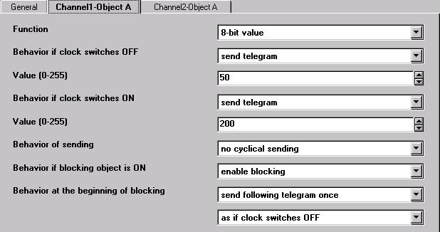 Application Program Description April 22 S2 Switching, Value, Scene 22D Parameter as if clock switches OFF as if clock switches ON This parameter appears if a telegram shall be sent once after
