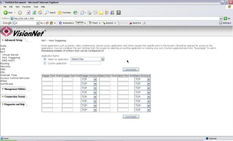 Figure 29. Advanced Setup NAT Port Triggering Click on Add to enter the configuration page to add your own rule(s).
