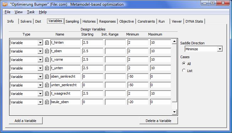 All the information contained in the design variables file is recognized from LS-OPT so the design variables with the correct name, type, bounds and initial values are defined automatically as shown