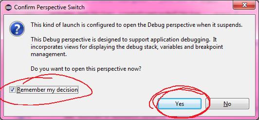 You need to use the debugger to have any hope of writing code that works. Running a debug should automatically open the Debug perspective (a bunch of debug windows).