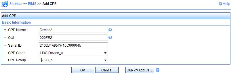 4. Add the devices as CPEs: a. Select Service > BIMS > Add CPE from the top navigation ba