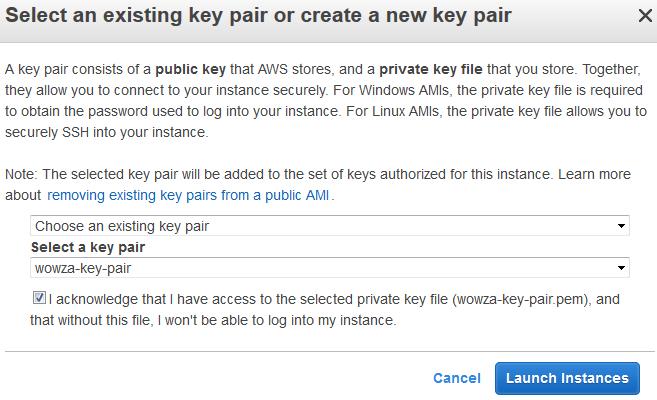 If you've already created a key pair, select Choose an existing key pair, select the key pair name in the Select a key pair list, select the Acknowledgement check box, and then click Launch