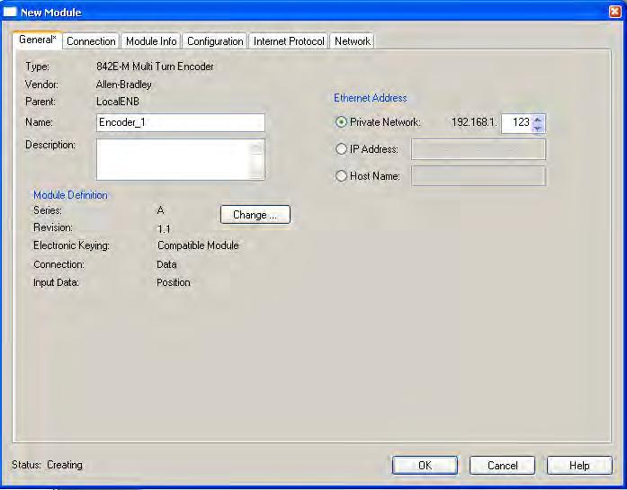 Chapter 6 Configuring the 842 E Encoder Using RSLogix 5000 Figure 8 IPAddress When the controller is offline, the IP address can be set.
