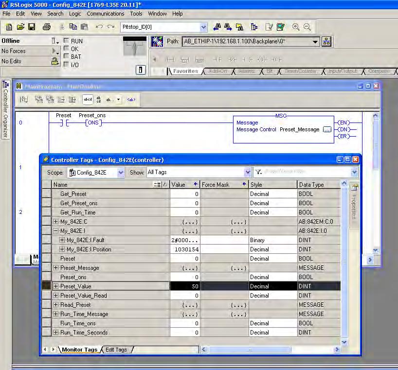 Appendix B RSLogix 5000 Sample Code Using an Explicit Message Configuration to Set Preset Encoder Value ATTENTION: The preset function results in a change of position reading.
