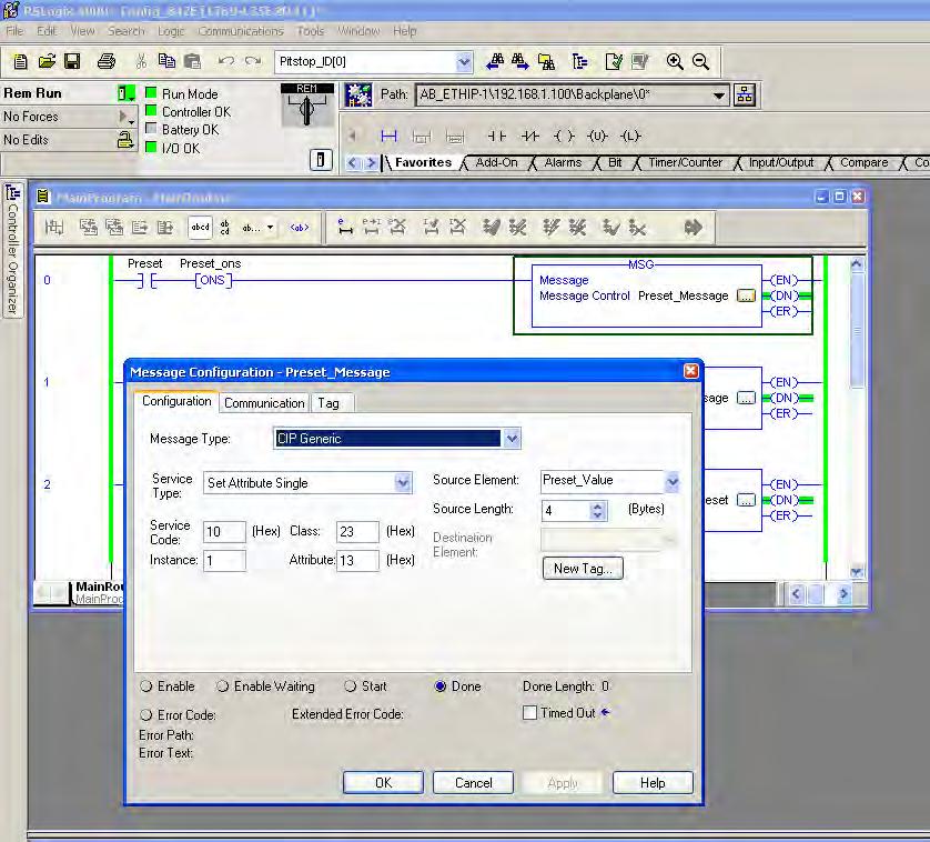 RSLogix 5000 Sample Code Appendix B 2. Add an MSG instruction to the program and browse to the Preset_Message data type created in step 1.