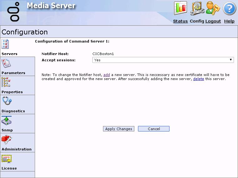 The Servers page allows you to add and remove CIC server connections for this Interaction Media Server.