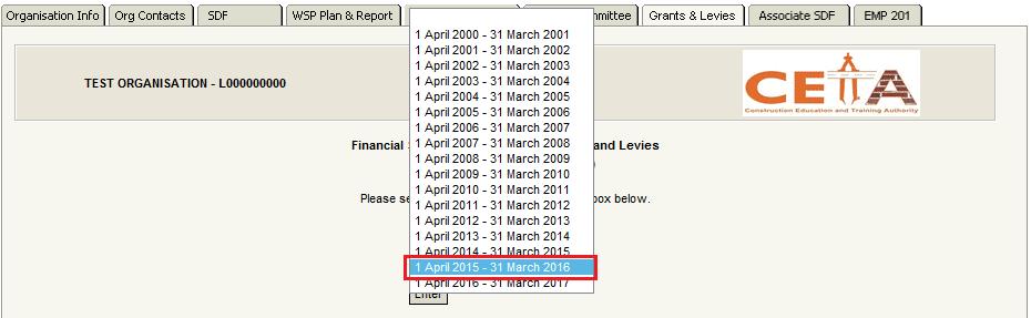 Select the Grants and Levies radio button and select the year. The user must Select the enter button and it will display the grants that have been paid to the specific organisation.