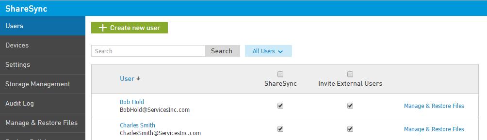 ENABLE SHARESYNC FOR END-USERS Create ShareSync Users You can enable ShareSync for existing users through Admin Control Panel. Navigate to the ShareSync tab in the Admin Control Panel.