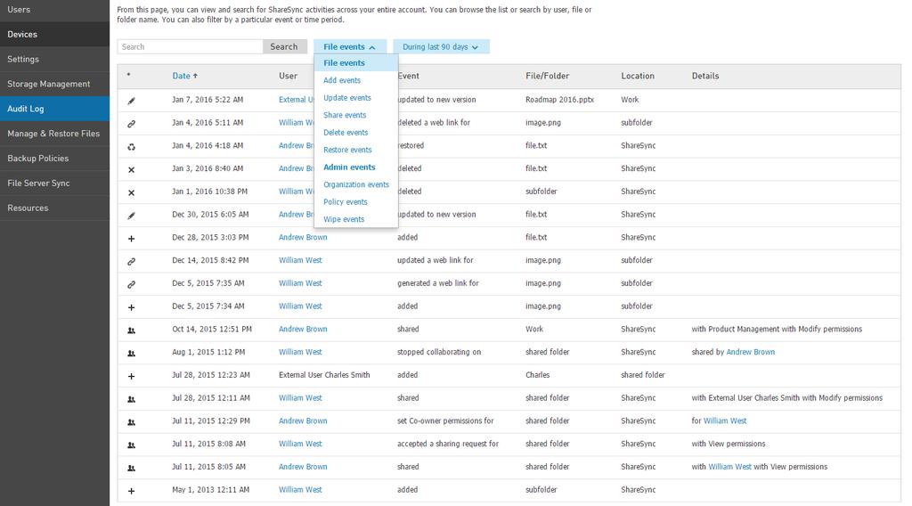 Audit Logs The ShareSync Audit Log provides a full trail of all ShareSync-specific events enabling file/folder/user audits, troubleshooting, and compliance.