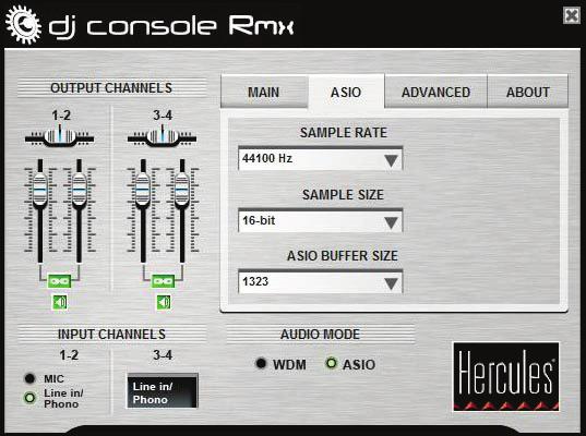 - Output Channels: There are 2 sets of software sliders (1-2, 3-4), which function as master volume controls for the corresponding outputs.