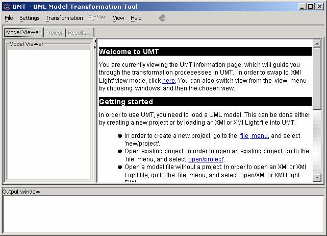 Figure 122: Newly started UMT When UMT is started, you are ready to import XMI/UML XMI models. The best way of doing so is to associate a project with your model file.