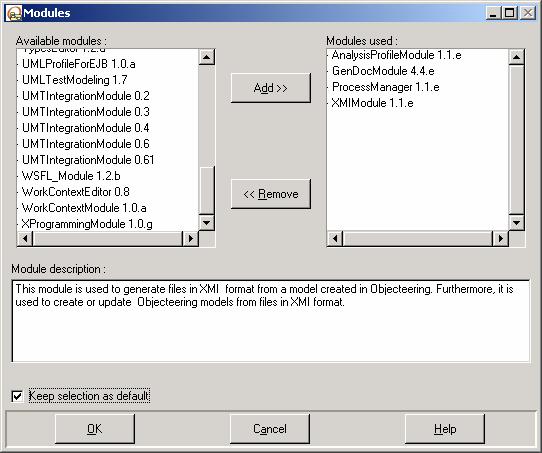 Figure 3: Module selection dialog To export XMI, an XMI export link must be created on a package. Select the desired package in the model explorer.