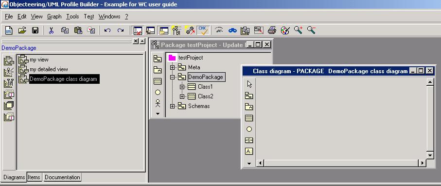 Figure 48: DemoPackage UML work space Open the Creation box for Demo Package class diagram, and double-click on the item Singleton of the Available commands list, you
