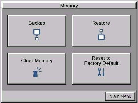 hapter - System Setup Screens 0 Memory Menu The user s project, Firmware and OS, log and recipes files can be backed up to or restored from an S memory card (S ard Slot or S ard Slot ), or a US