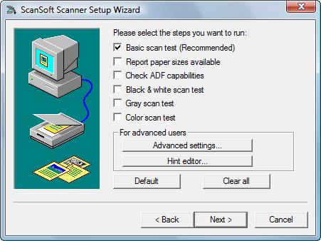 It has a series of setup options, but only the Basic scan test is necessary because your scanner was already tested and calibrated
