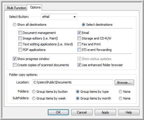 Scanning Selecting Options for a Button The One Touch Options determine the types of Destination Applications available for a button, as well as the location of the files of your scanned items.