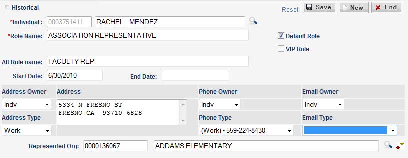 6. Note that Rachel Mendez name is now showing in the role. You cannot change the Organization or the Role itself. 7. The Address/Phone/Email Address owner choices defaulted to Individual/Home.