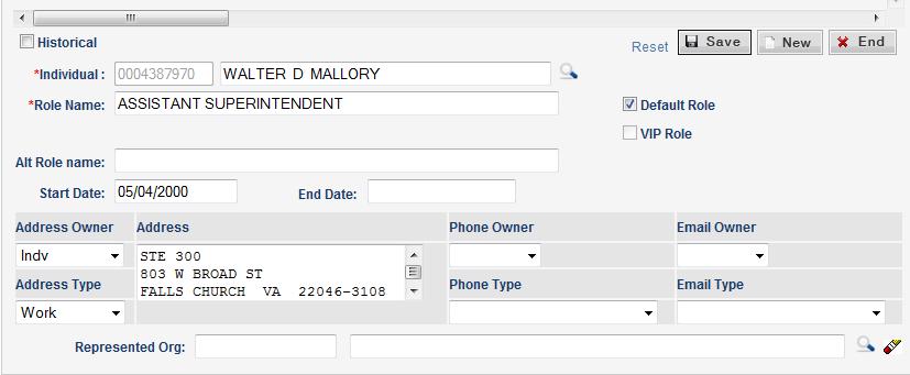 In this example Walter Mallory s role assignment will be ended and he will be replaced by Debra Guess. 1. Click on the Search icon. The Individual Search screen appears. 2.