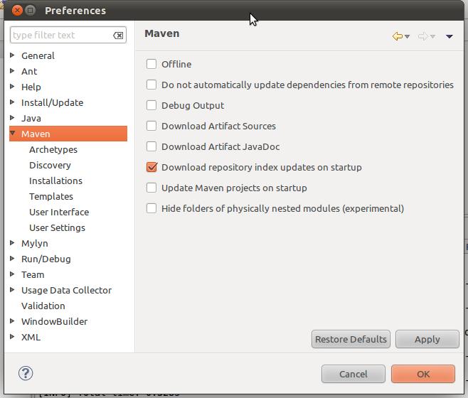 IDE Integration Global Maven settings for Eclipse can be modified by selecting Windows Preferences Maven: Here you can configure the M2Eclipse behavior, defaults for Maven integration, Archetypes,