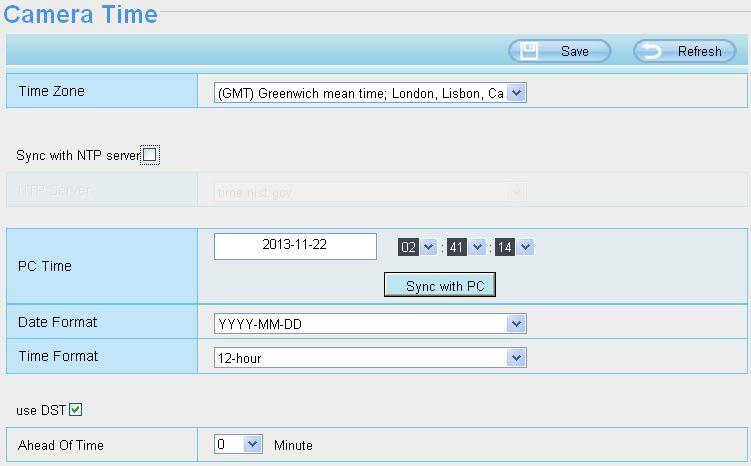 Figure 4.7 Time Zone: Select the time zone for your region from the drop-down menu. Sync with NTP server: Network Time Protocol will synchronize your camera with an Internet time server.